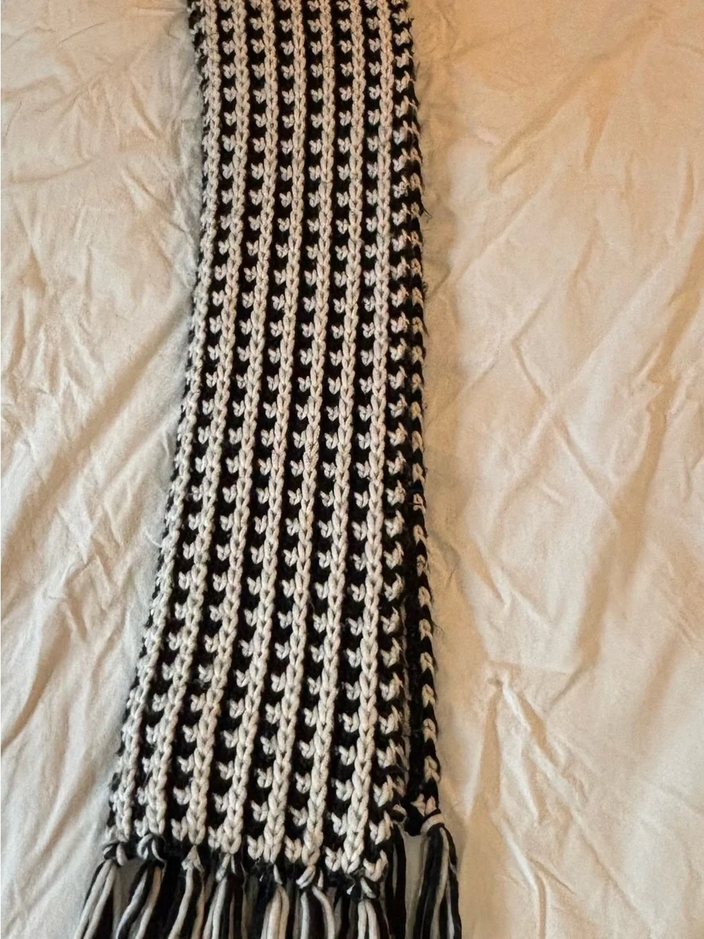 Steve Madden Black and White Striped Knit Scarf with Fringe